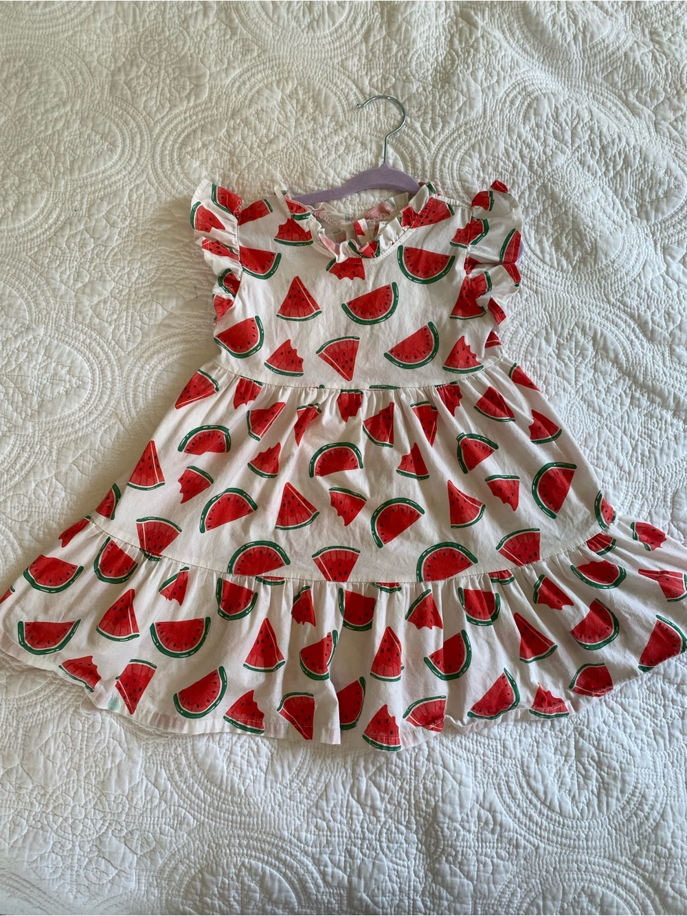 Velvet White Girls Dress with Red & Green Watermelon Print